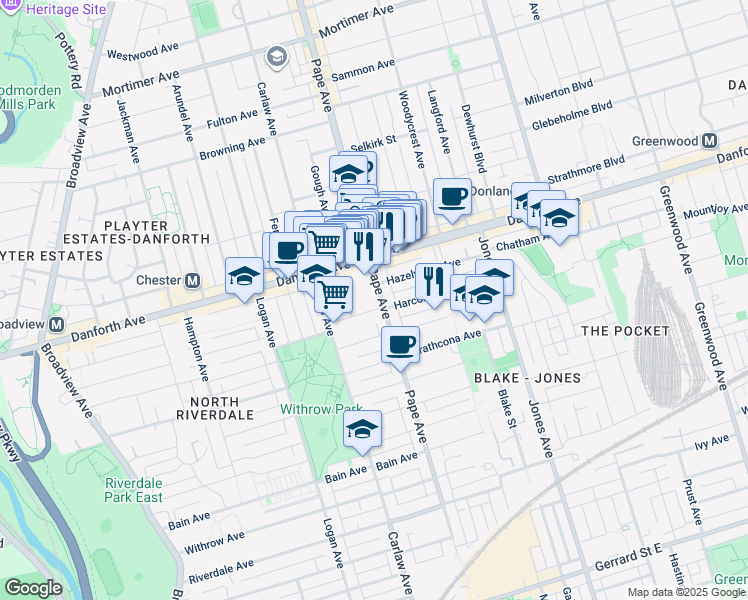 map of restaurants, bars, coffee shops, grocery stores, and more near 660 Pape Avenue in Toronto
