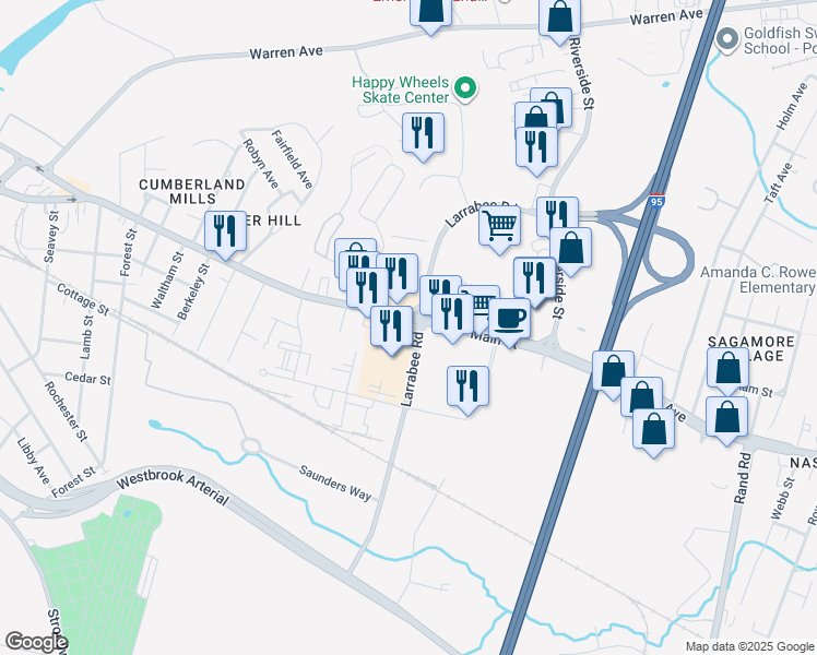 map of restaurants, bars, coffee shops, grocery stores, and more near 100 Main St in Westbrook