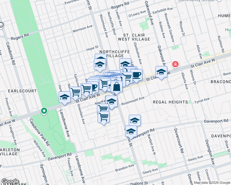 map of restaurants, bars, coffee shops, grocery stores, and more near 1661 Dufferin Street in Toronto