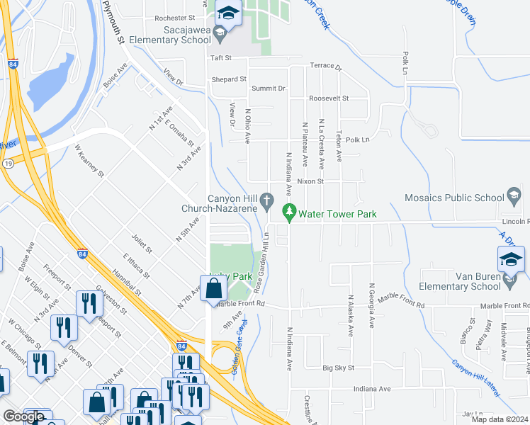 map of restaurants, bars, coffee shops, grocery stores, and more near 903 North Michigan Avenue in Caldwell