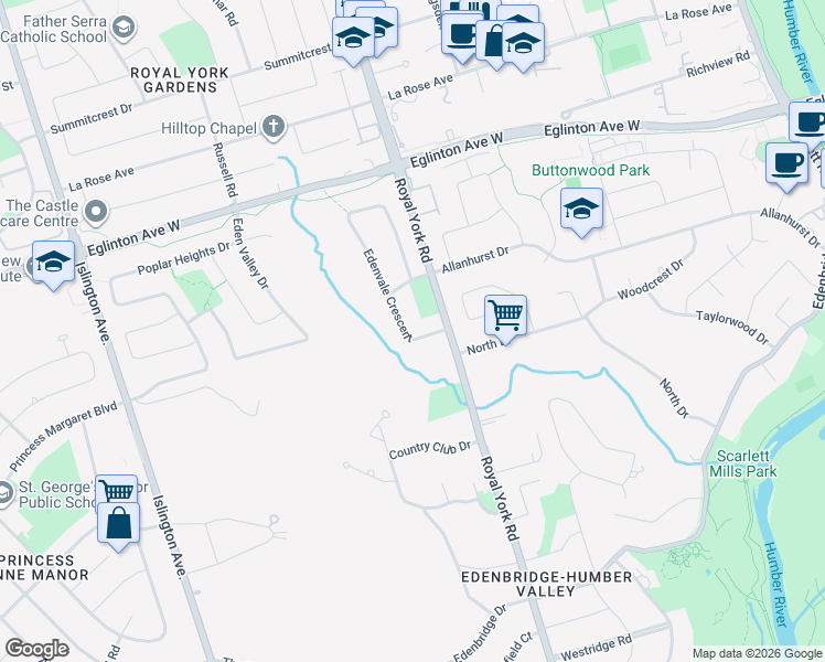 map of restaurants, bars, coffee shops, grocery stores, and more near 56 Edenvale Crescent in Toronto