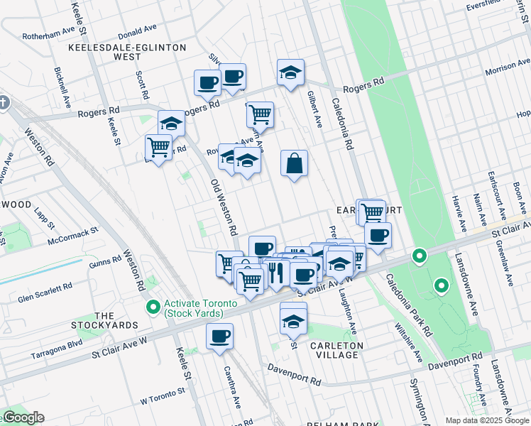 map of restaurants, bars, coffee shops, grocery stores, and more near 27 Rosethorn Avenue in Toronto