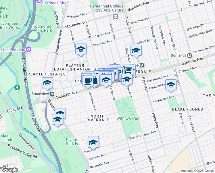 map of restaurants, bars, coffee shops, grocery stores, and more near 816 Logan Avenue in Toronto