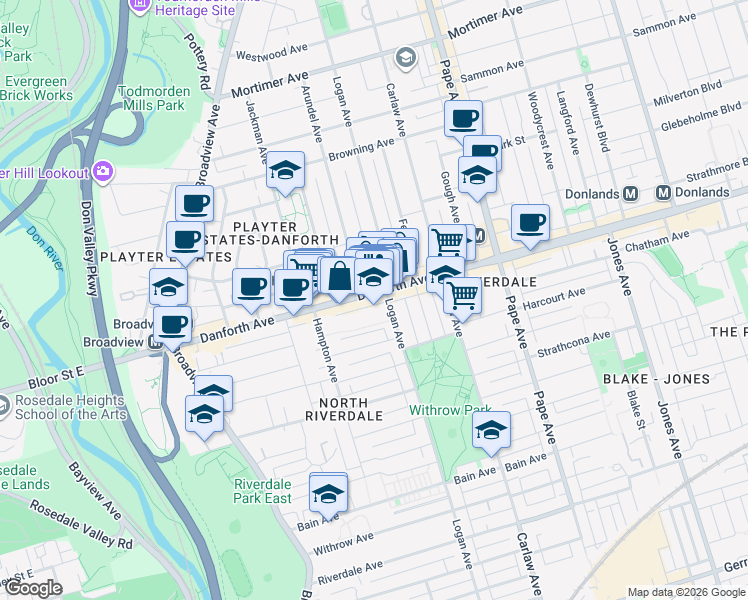map of restaurants, bars, coffee shops, grocery stores, and more near 457 Danforth Avenue in Toronto