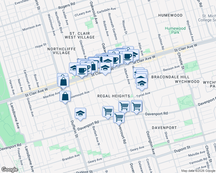 map of restaurants, bars, coffee shops, grocery stores, and more near 53 Highview Crescent in Toronto