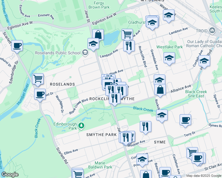 map of restaurants, bars, coffee shops, grocery stores, and more near in Toronto