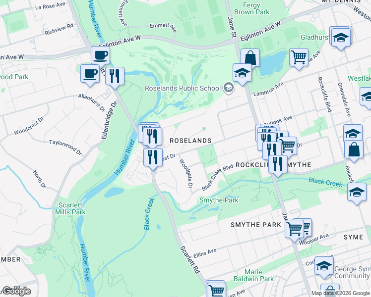 map of restaurants, bars, coffee shops, grocery stores, and more near in Toronto