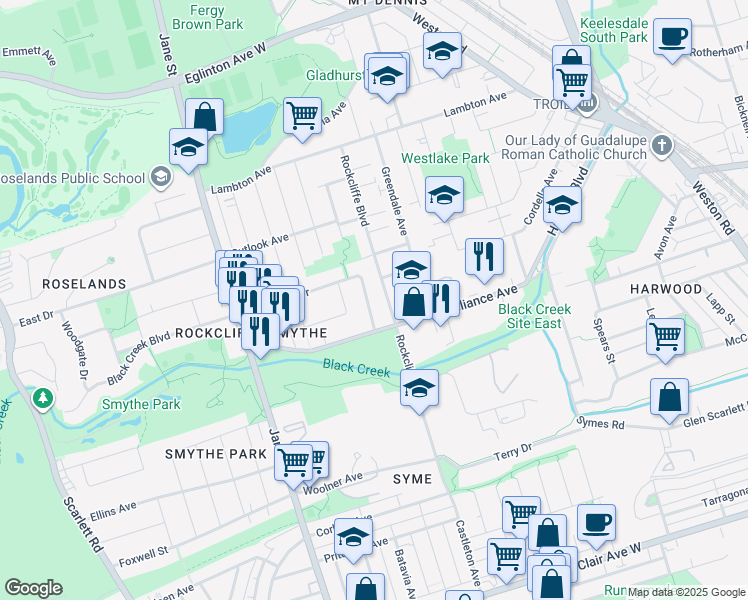 map of restaurants, bars, coffee shops, grocery stores, and more near 572 Alliance Avenue in Toronto