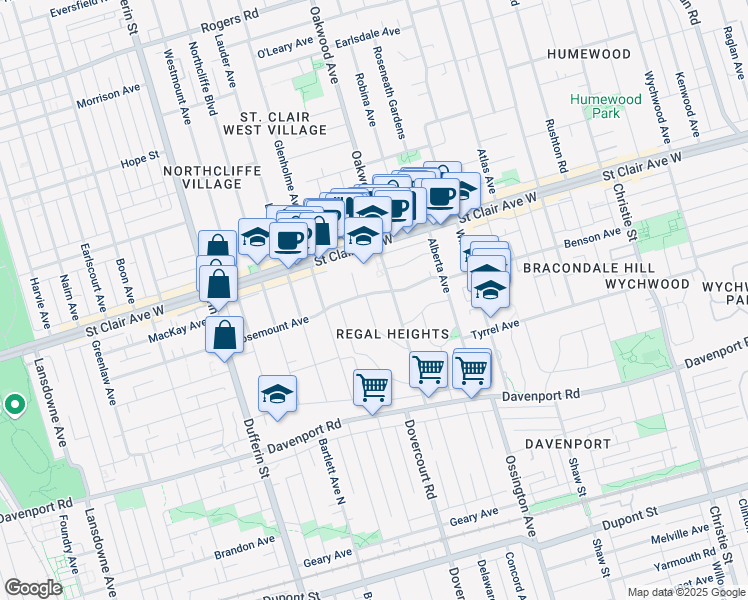 map of restaurants, bars, coffee shops, grocery stores, and more near 31 Highview Crescent in Toronto