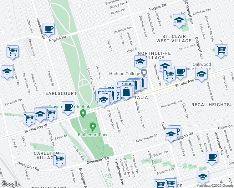 map of restaurants, bars, coffee shops, grocery stores, and more near 1268 Saint Clair Avenue West in Toronto