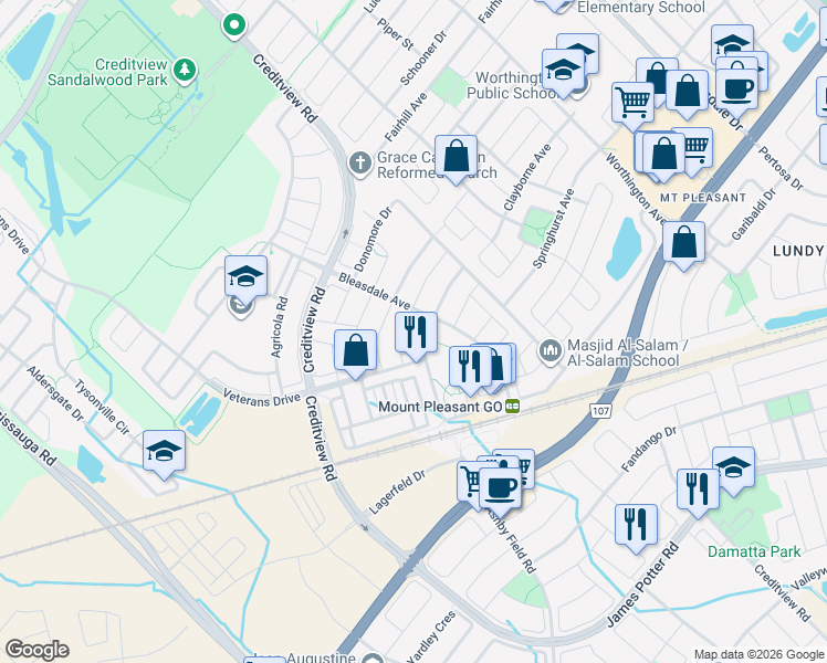 map of restaurants, bars, coffee shops, grocery stores, and more near 110 Lathbury Street in Brampton
