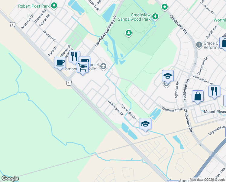 map of restaurants, bars, coffee shops, grocery stores, and more near 25 Tysonville Circle in Brampton