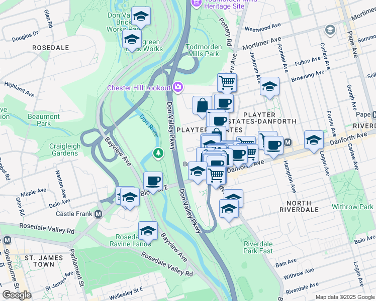 map of restaurants, bars, coffee shops, grocery stores, and more near 50 Cambridge Avenue in Toronto