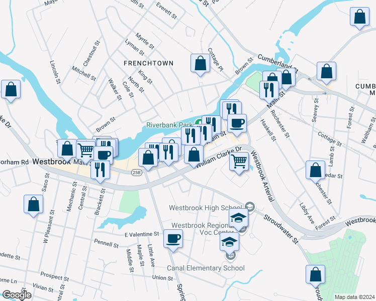 map of restaurants, bars, coffee shops, grocery stores, and more near 697 Main Street in Westbrook