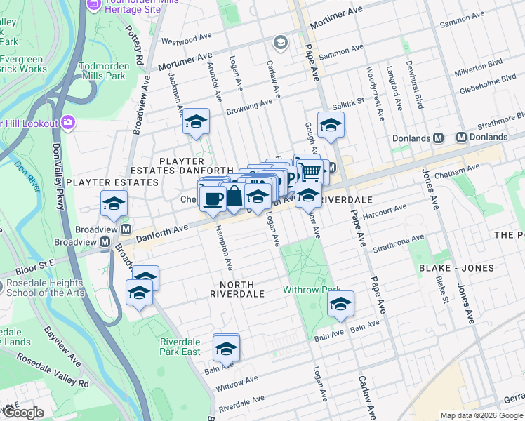 map of restaurants, bars, coffee shops, grocery stores, and more near 471 Danforth Avenue in Toronto