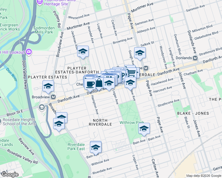 map of restaurants, bars, coffee shops, grocery stores, and more near 471 Danforth Avenue in Toronto