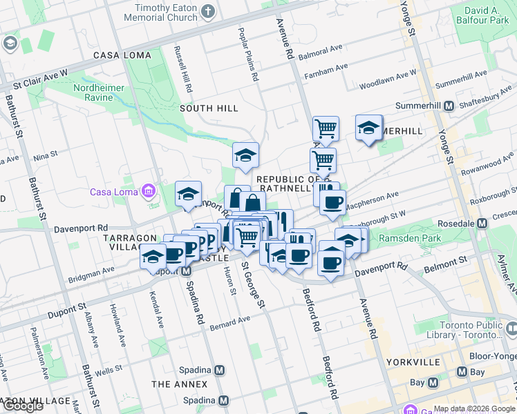 map of restaurants, bars, coffee shops, grocery stores, and more near in Toronto