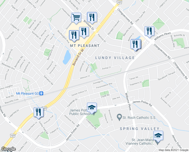 map of restaurants, bars, coffee shops, grocery stores, and more near 101 Wilmont Court in Brampton