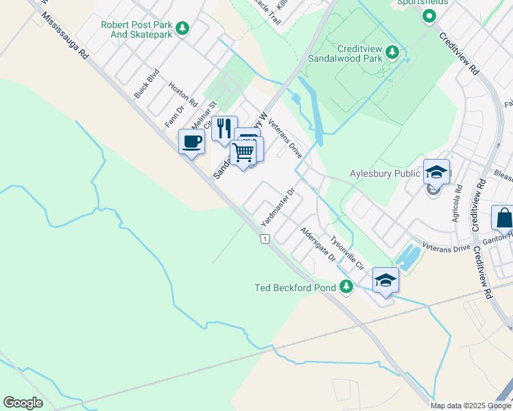 map of restaurants, bars, coffee shops, grocery stores, and more near 27 Goodsway Trail in Brampton