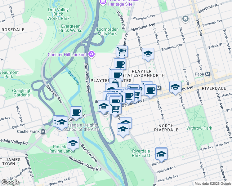 map of restaurants, bars, coffee shops, grocery stores, and more near 795 Broadview Avenue in Toronto