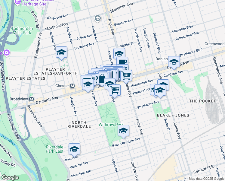 map of restaurants, bars, coffee shops, grocery stores, and more near 717 Carlaw Avenue in Toronto