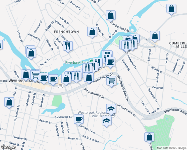 map of restaurants, bars, coffee shops, grocery stores, and more near 672 Main Street in Westbrook