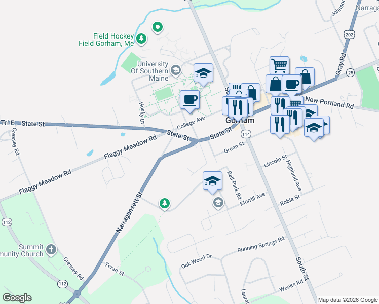 map of restaurants, bars, coffee shops, grocery stores, and more near 3 Fall Lane in Gorham