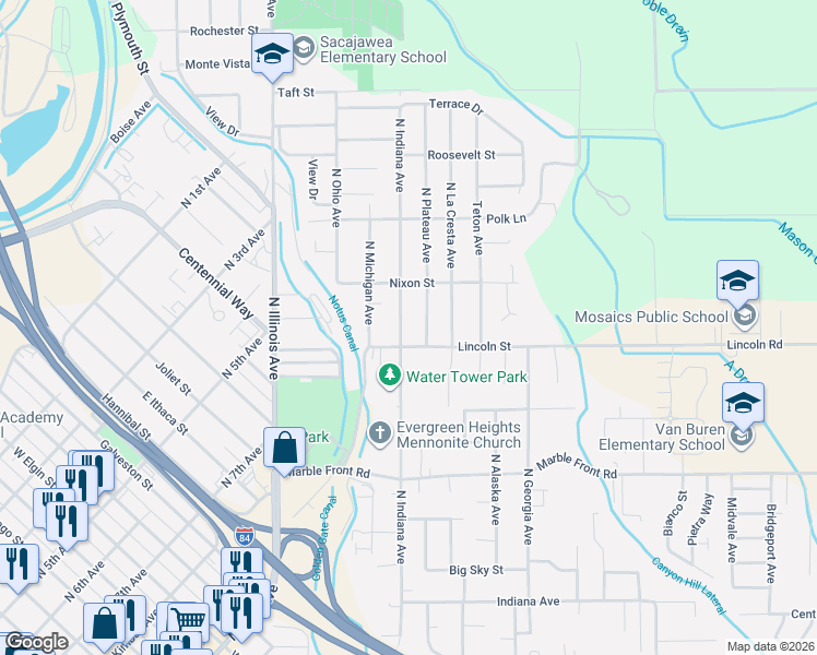 map of restaurants, bars, coffee shops, grocery stores, and more near 1020 North Indiana Avenue in Caldwell