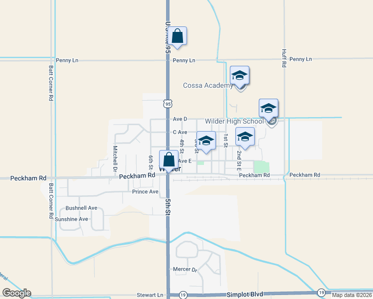 map of restaurants, bars, coffee shops, grocery stores, and more near 309 C Avenue in Wilder