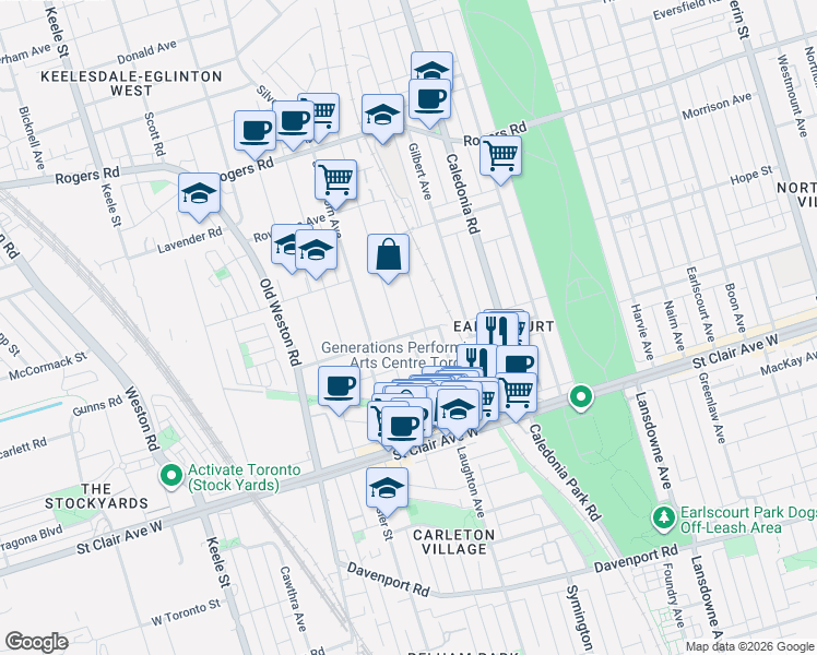 map of restaurants, bars, coffee shops, grocery stores, and more near 158 Prescott Avenue in Toronto