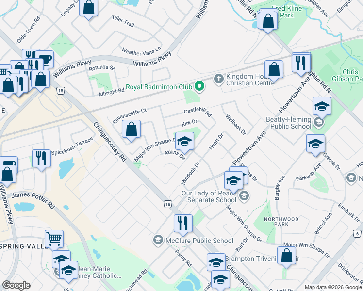 map of restaurants, bars, coffee shops, grocery stores, and more near 34 Kirk Drive in Brampton