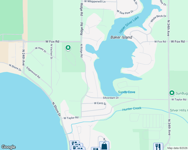 map of restaurants, bars, coffee shops, grocery stores, and more near 1802 North Lakeview Drive in Mears