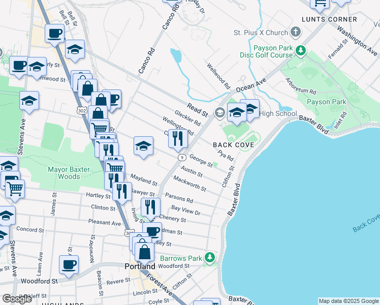 map of restaurants, bars, coffee shops, grocery stores, and more near 221 State Route 9 in Portland