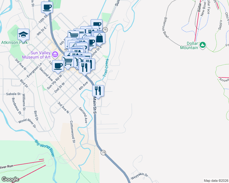 map of restaurants, bars, coffee shops, grocery stores, and more near 220 Crystal Court in Ketchum