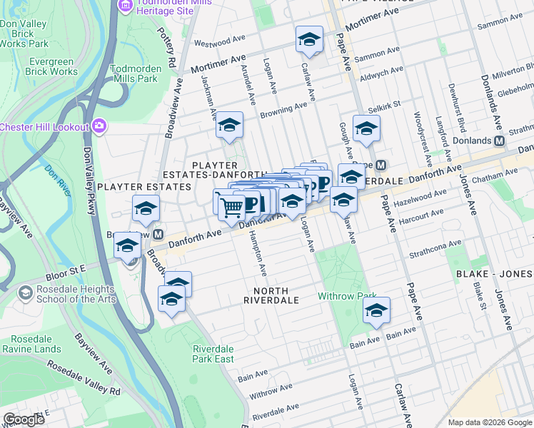 map of restaurants, bars, coffee shops, grocery stores, and more near 3A Chester Avenue in Toronto