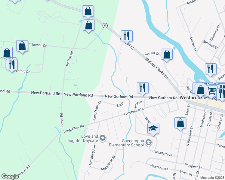 map of restaurants, bars, coffee shops, grocery stores, and more near 197 New Gorham Road in Westbrook