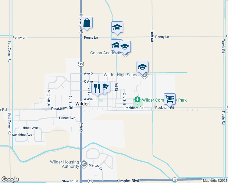 map of restaurants, bars, coffee shops, grocery stores, and more near 317 1st Street in Wilder