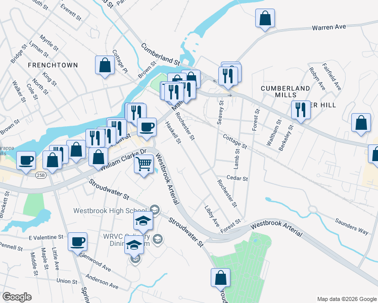map of restaurants, bars, coffee shops, grocery stores, and more near 57 Rochester Street in Westbrook