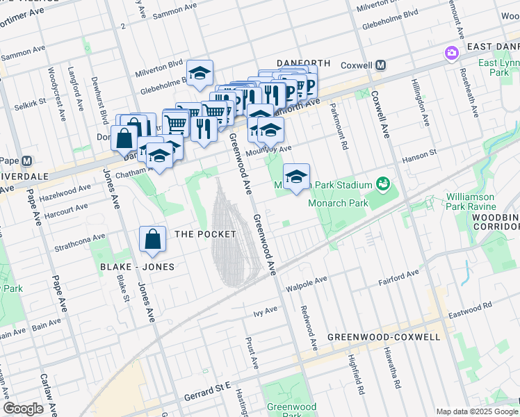 map of restaurants, bars, coffee shops, grocery stores, and more near in Toronto