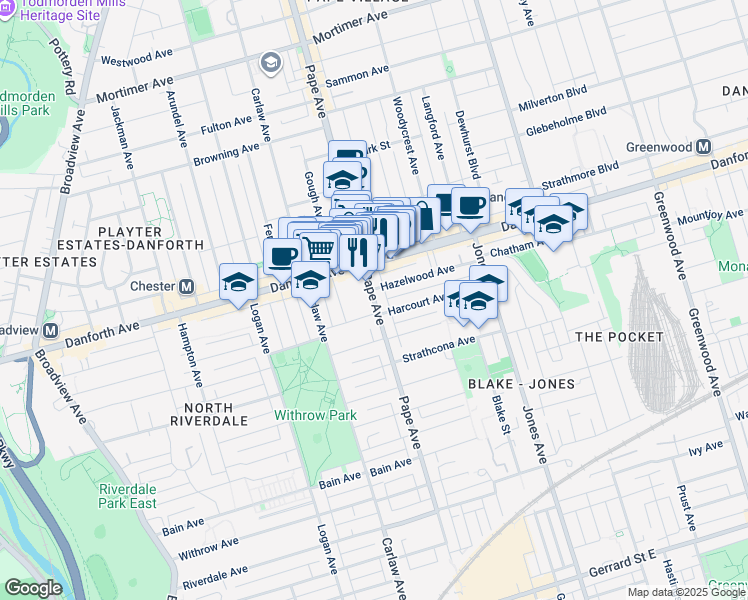 map of restaurants, bars, coffee shops, grocery stores, and more near Pape Avenue in Toronto