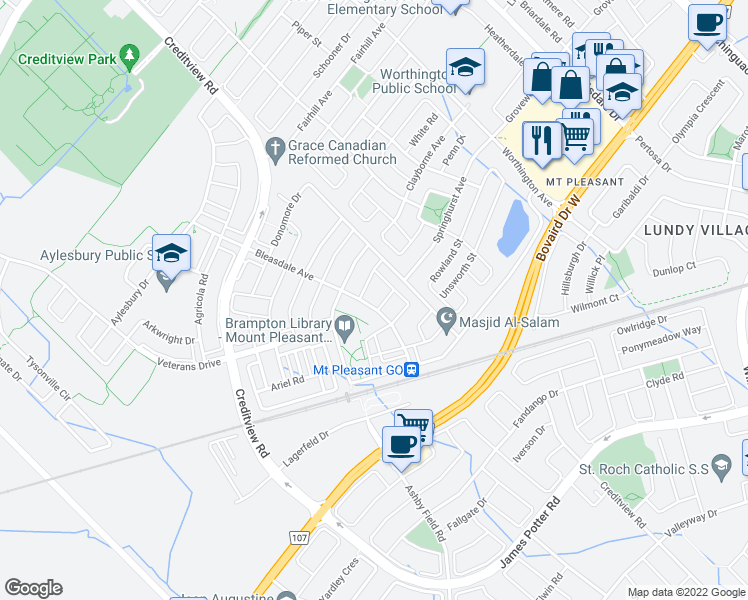 map of restaurants, bars, coffee shops, grocery stores, and more near 45 Bleasdale Avenue in Brampton