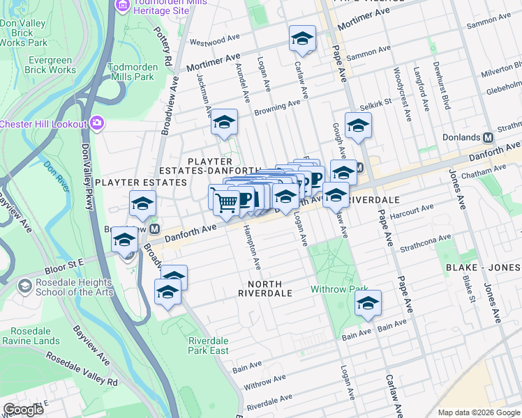 map of restaurants, bars, coffee shops, grocery stores, and more near 3 Chester Avenue in Toronto