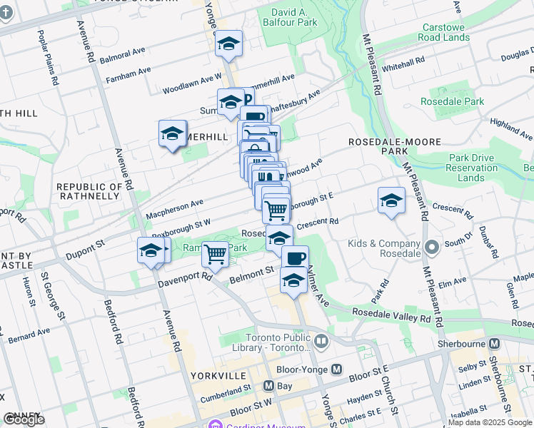 map of restaurants, bars, coffee shops, grocery stores, and more near 1 Roxborough Street West in Toronto