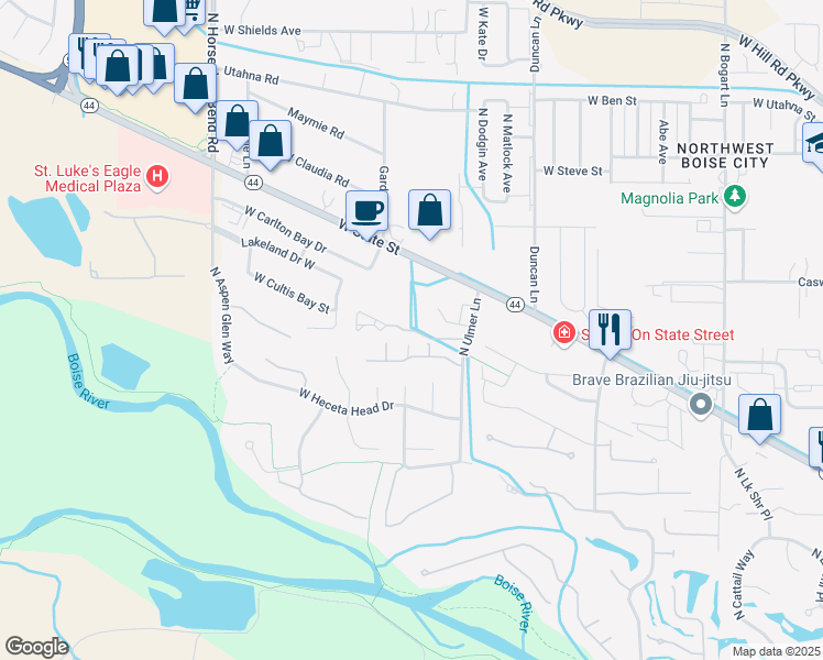 map of restaurants, bars, coffee shops, grocery stores, and more near 6249 West Charlie Lane in Garden City