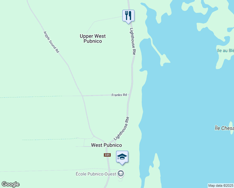 map of restaurants, bars, coffee shops, grocery stores, and more near 28 Franks Road in West Pubnico