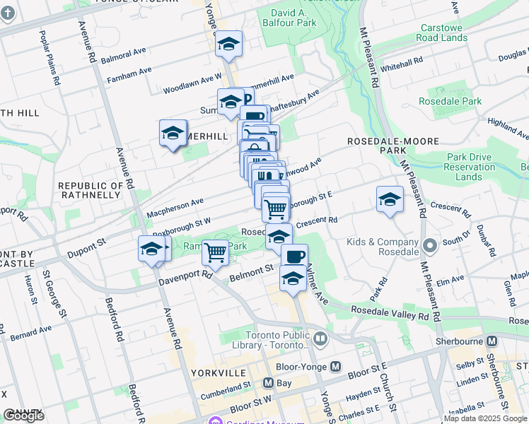 map of restaurants, bars, coffee shops, grocery stores, and more near 1086 Yonge Street in Toronto