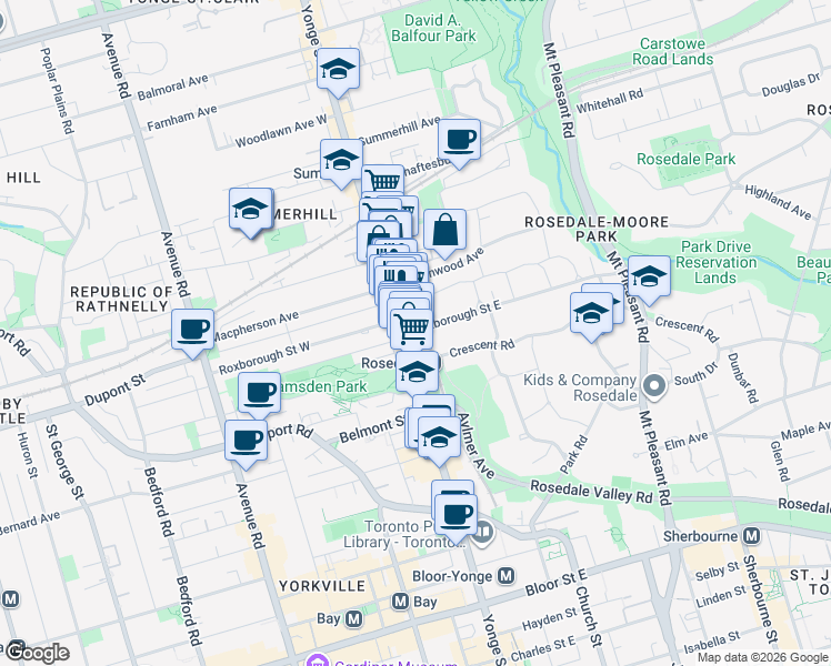 map of restaurants, bars, coffee shops, grocery stores, and more near 1 Roxborough Street East in Toronto