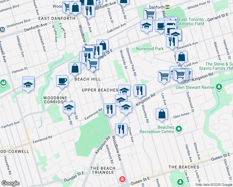 map of restaurants, bars, coffee shops, grocery stores, and more near 62 Golfview Avenue in Toronto