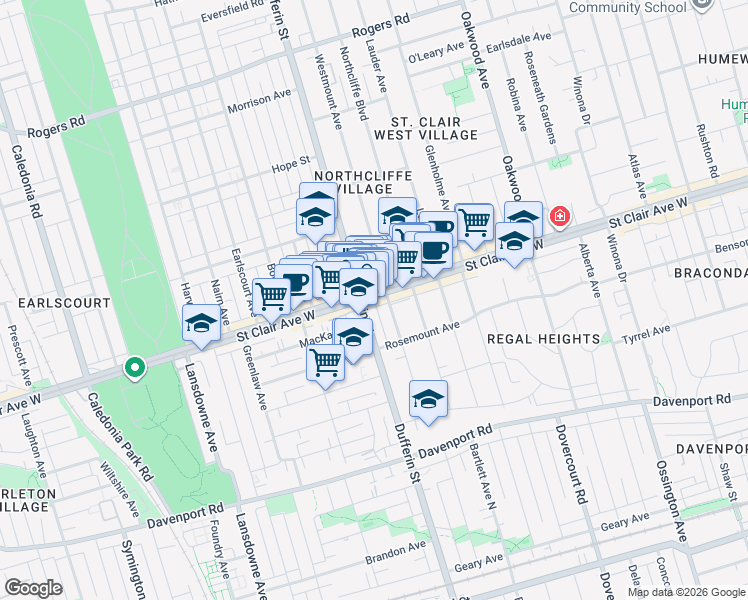map of restaurants, bars, coffee shops, grocery stores, and more near 1161 B Saint Clair Avenue West in Toronto