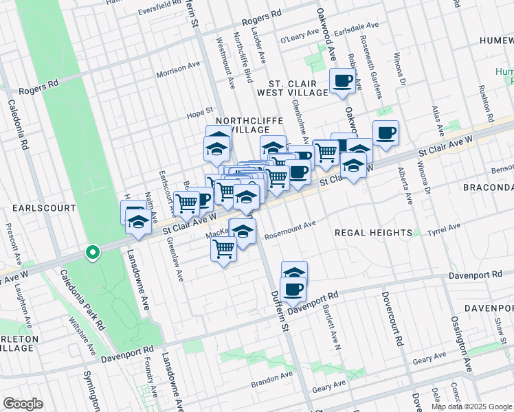 map of restaurants, bars, coffee shops, grocery stores, and more near 1161 Saint Clair Avenue West in Toronto